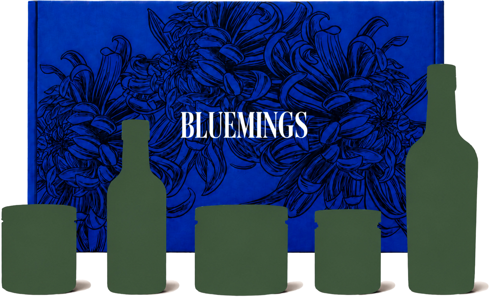 Bluemings blue floral packaging box with the brand name BLUEMINGS in white text with five dark green bottle and jar silhouettes representing the upcoming product range arranged in front of the box.