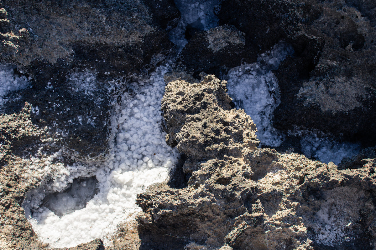 Sea salt crystals formed in natural rock hollows on Kythira.